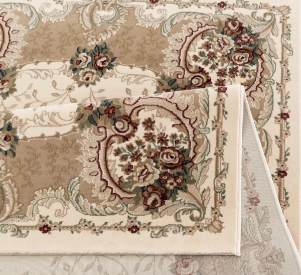 Elegant Synthetic Cream Oriental Rug with Floral Beige Border | Timeless Decor for Your Interior